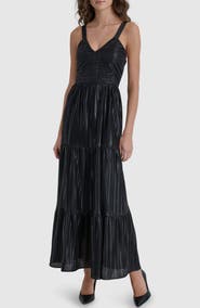 DKNY Foil Plissé Sleeveless Maxi Dress