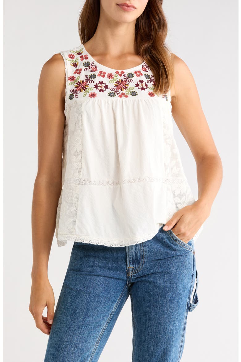 Embroidered Yoke Cotton Tank, Main, color, CREAM