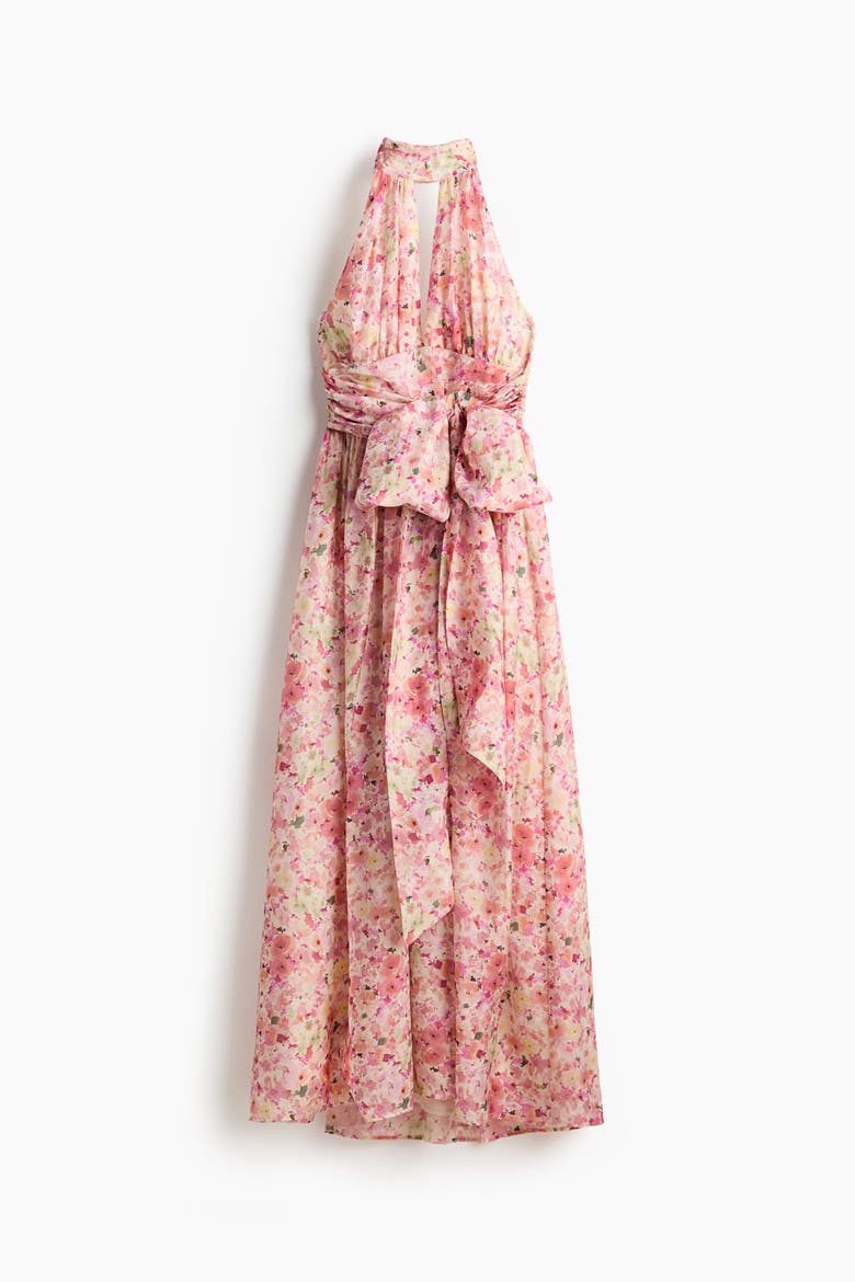 Tie-detail Halterneck Dress, Alternate, color, Peach pink/floral
