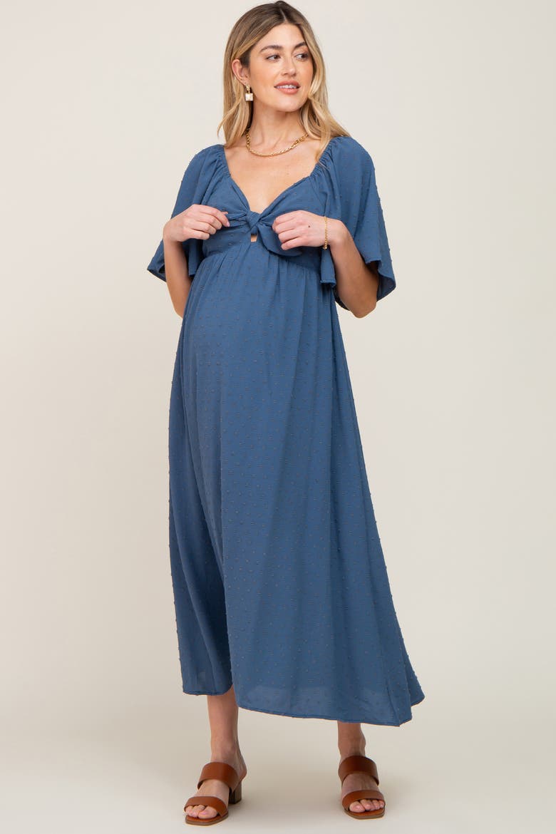 Textured Dot Front Tie Ruffle Sleeve Midi Dress, Alternate, color, Navy Blue