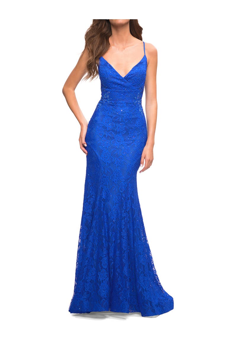 Lace Gown with Sheer Lace Applique Side Panels, Alternate, color, Royal Blue