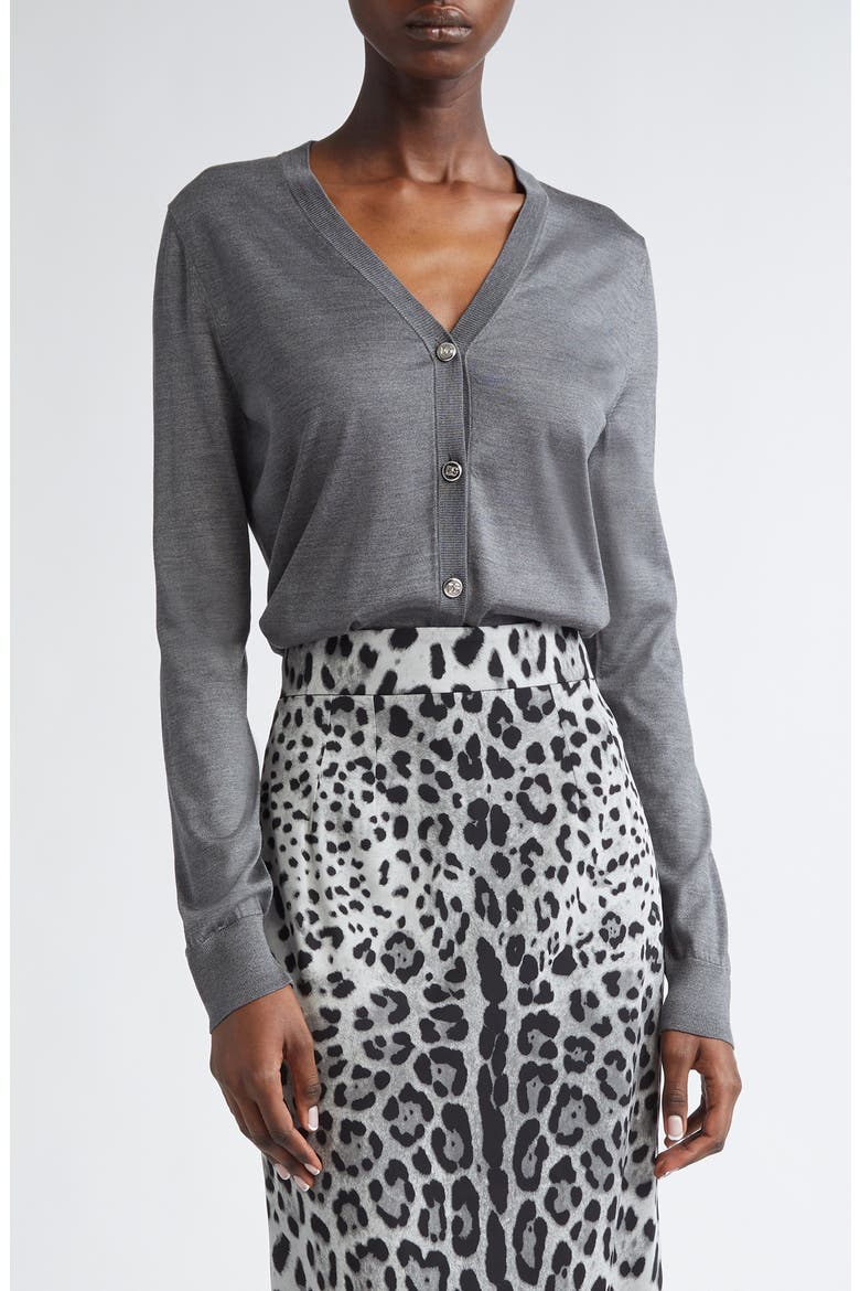 Embroidered Logo Silk V-Neck Cardigan, Main, color, N0093 GRIGIO PIOMBO SCURO