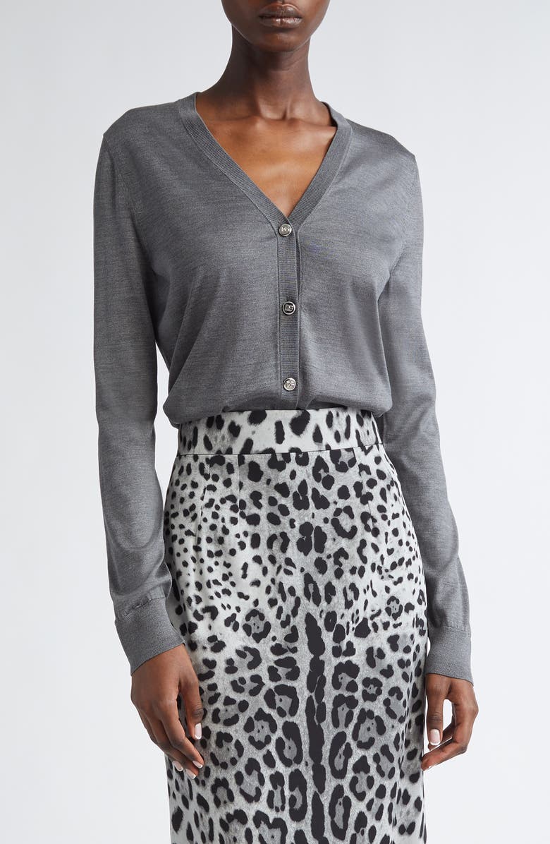Dolce&Gabbana Embroidered Logo Silk V-Neck Cardigan, Main, color, N0093 Grigio Piombo Scuro