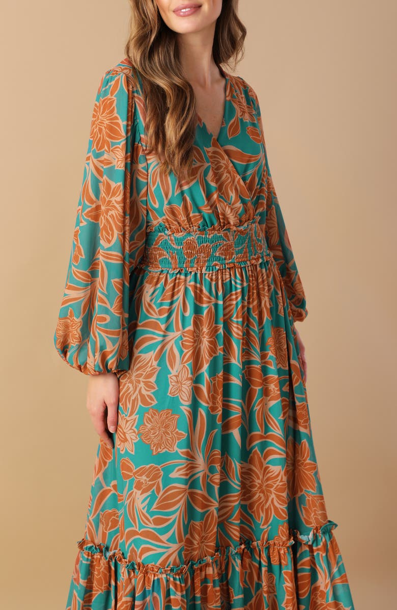 FLYING TOMATO Print Long Sleeve Maxi Dress, Alternate, color, Teal Rust
