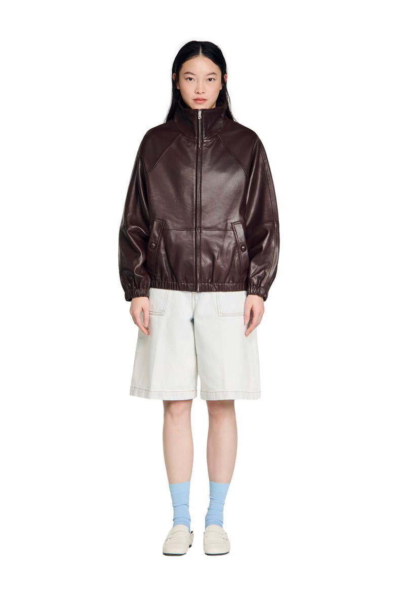 Oversized zip-up leather jacket, Alternate, color, Brown