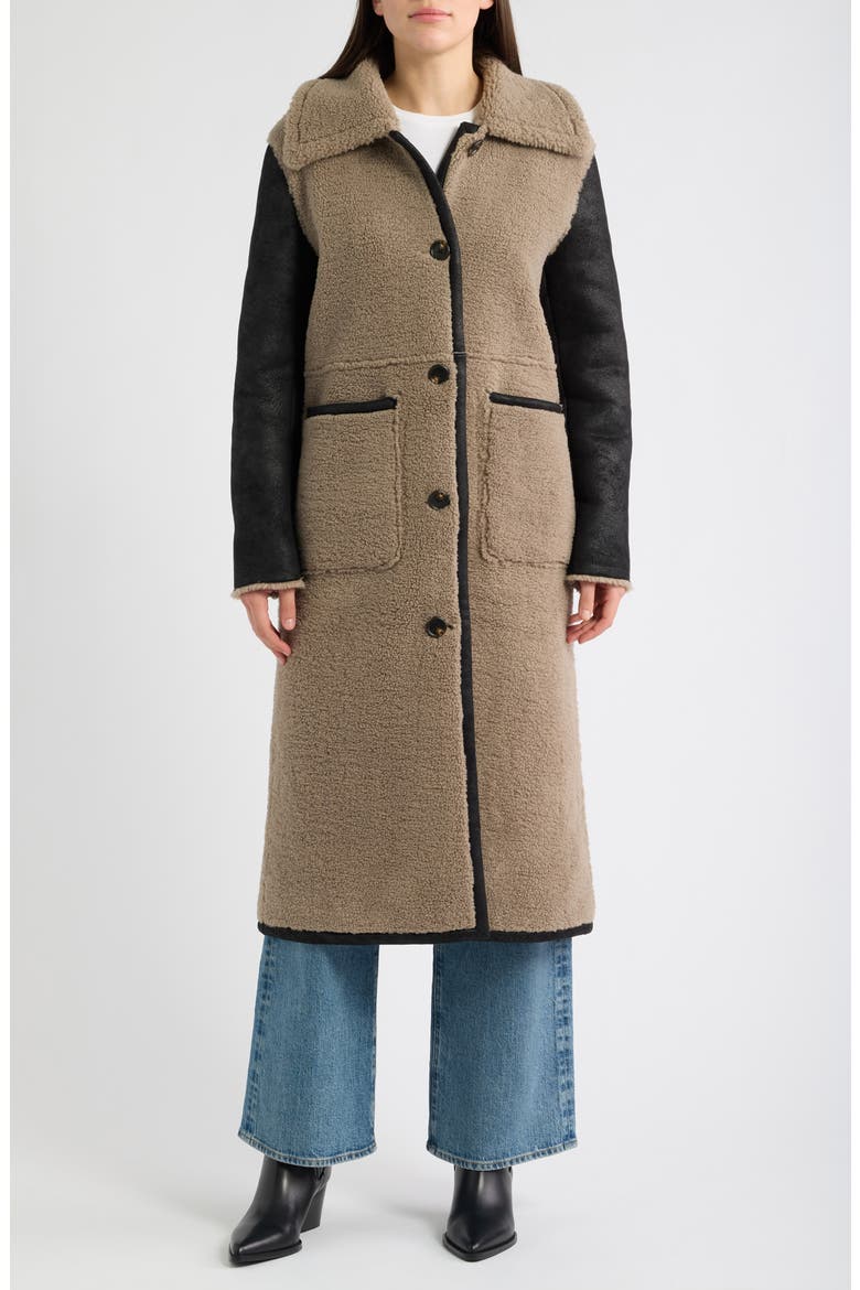 Long Faux Shearling Coat, Alternate, color, BLACK-TAUPE