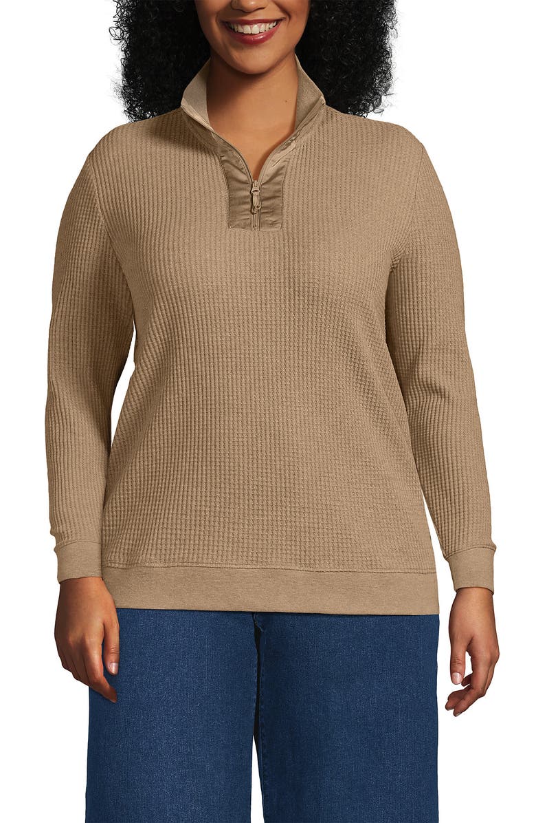 Lands' End Long Sleeve Waffle Quarter Zip Pullover, Alternate, color, Light Toffee Heather