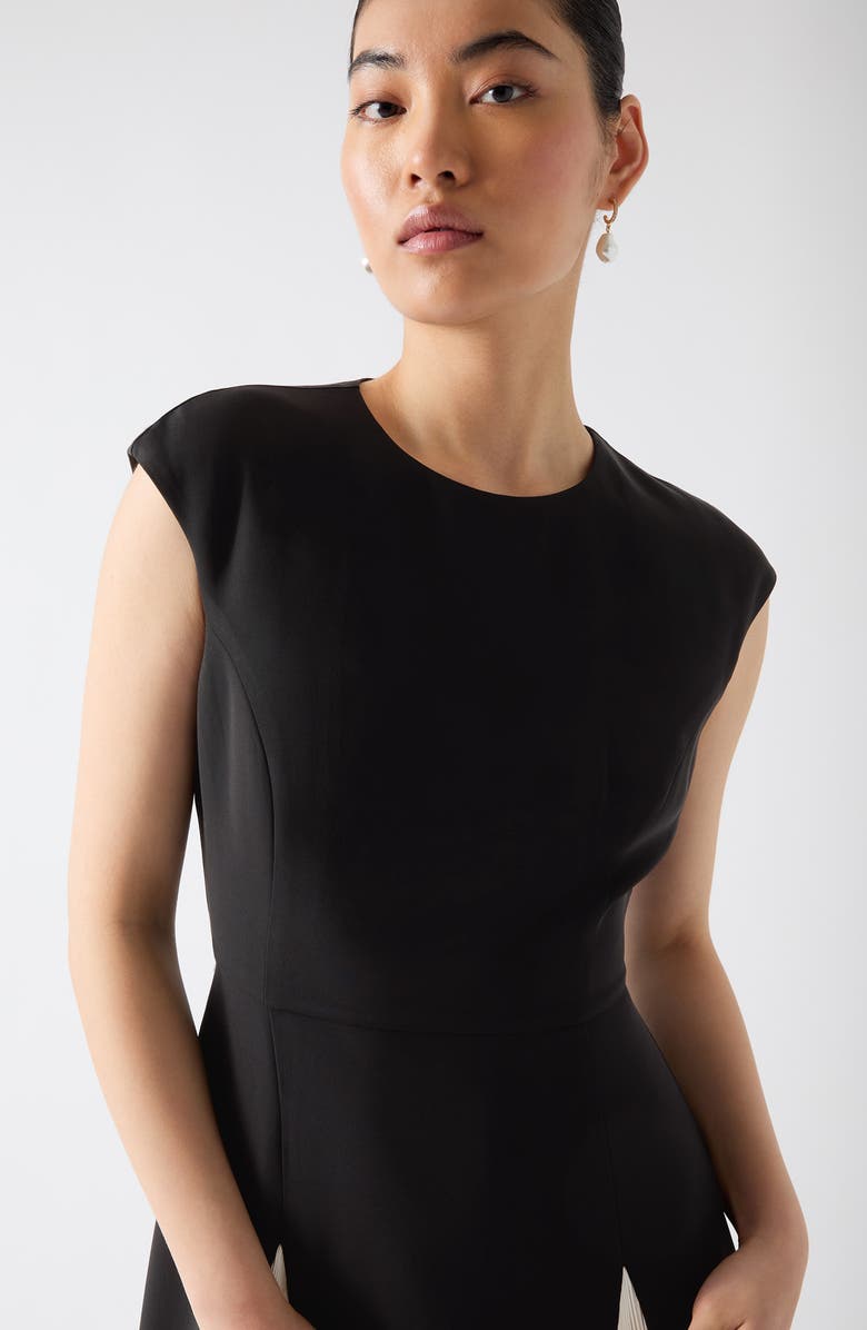 LK Bennett Rise Cap Sleeve Pleated Godet Midi Dress, Alternate, color, Black