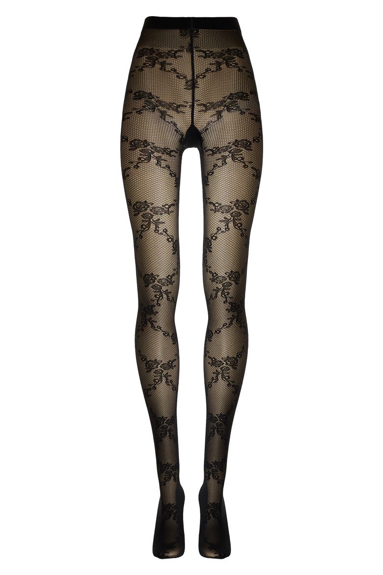Floral Lace Tights, Alternate, color, BLACK