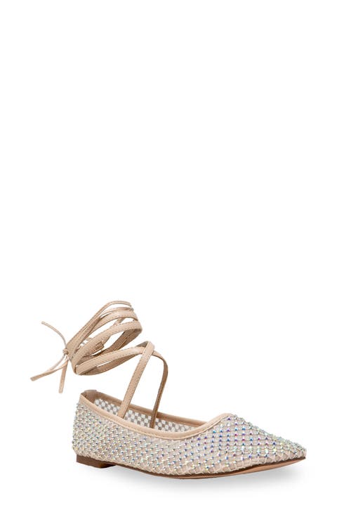Rhinestone Mesh Ankle Tie Flats (Women)