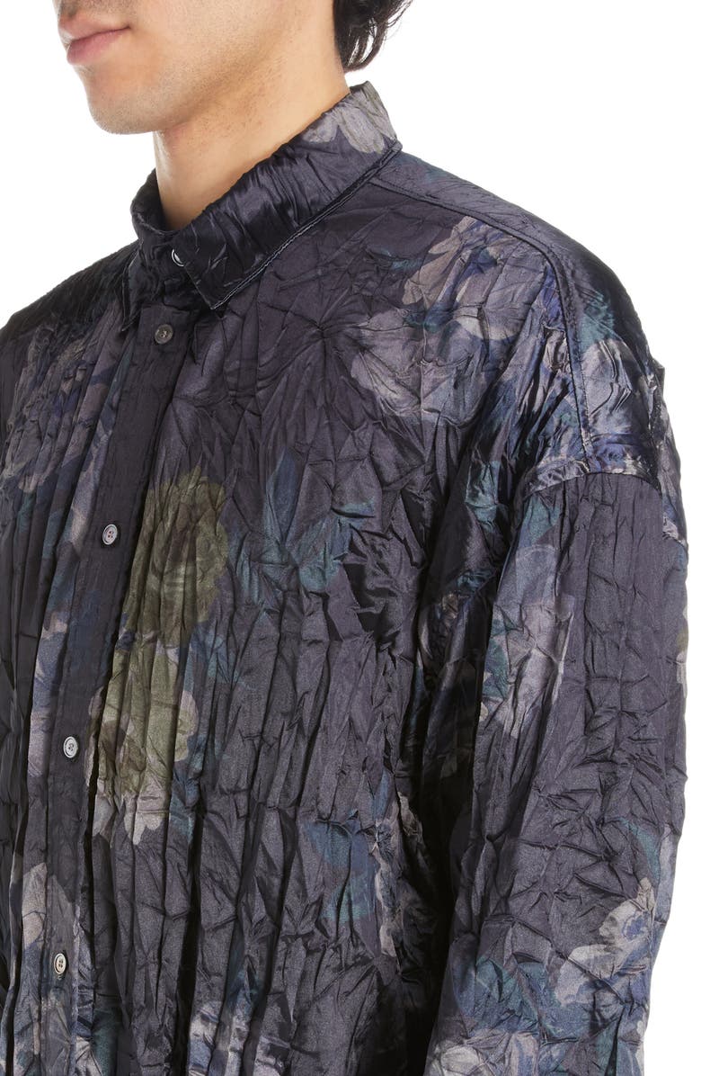 Acne Studios Floral Print Crinkled Satin Button-Up Shirt, Alternate, color,