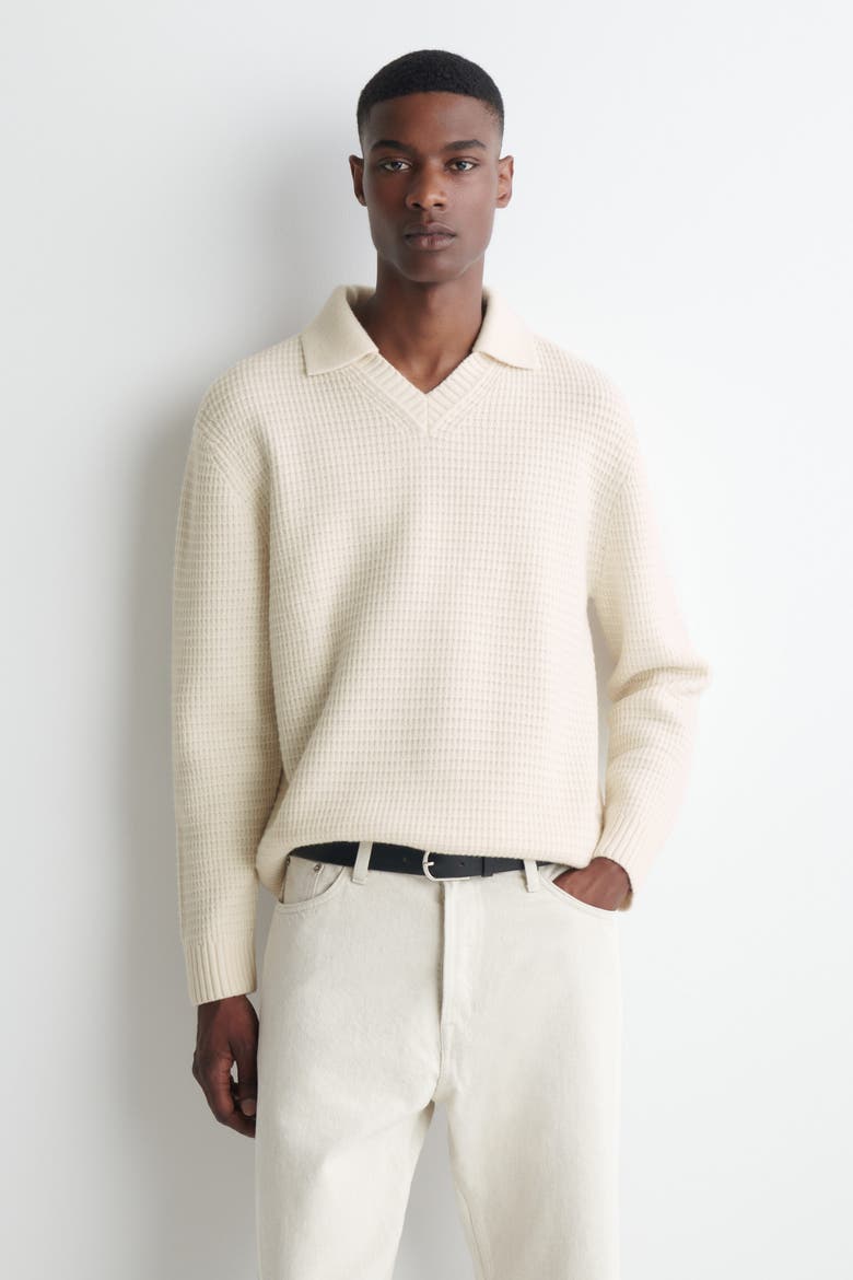 Waffle-Knit Wool Polo Sweater, Main, color, CREAM