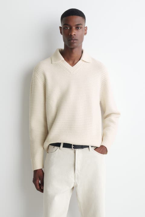 Waffle-Knit Wool Polo Sweater