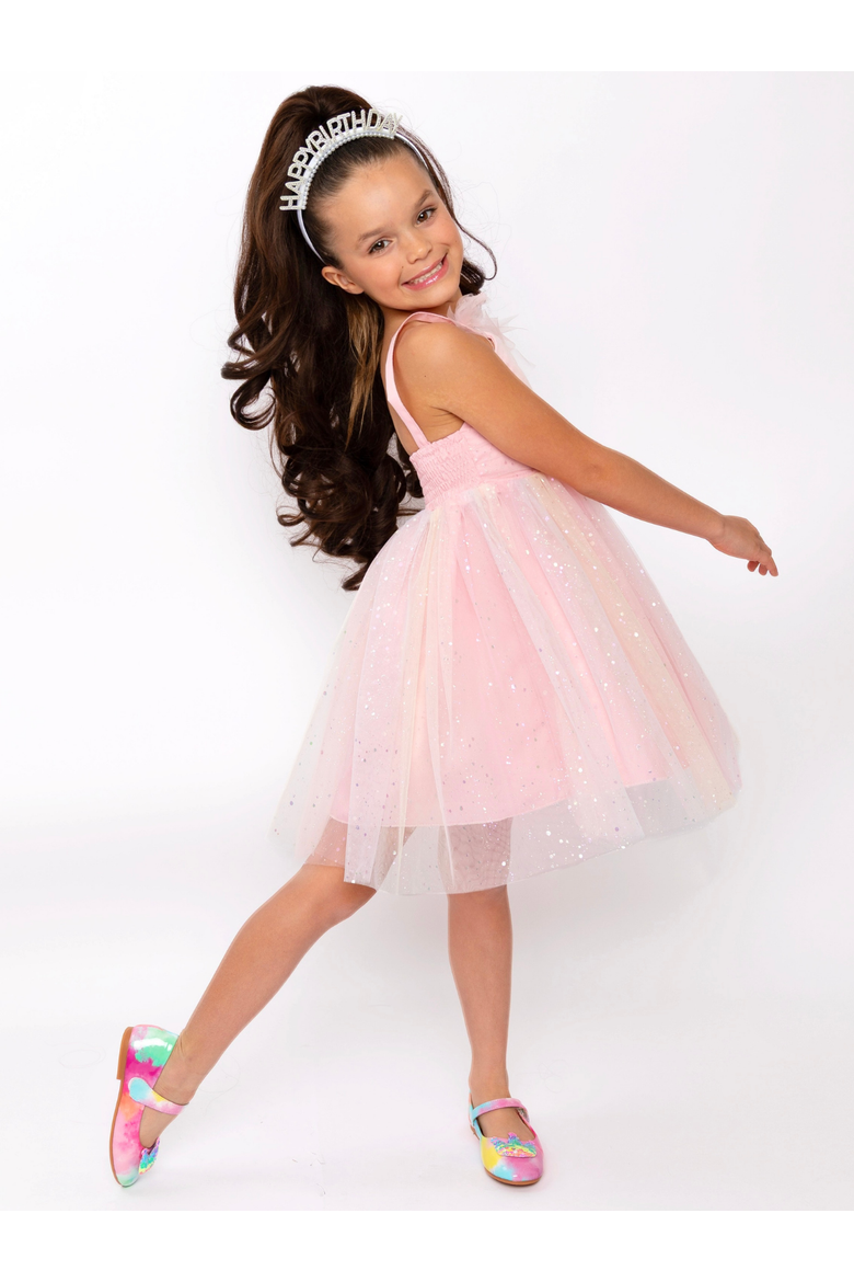 Birthday Glow Pastel Rainbow Tulle Dress, Alternate, color, Pink