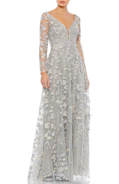 Floral Applique Long Sleeve Illusion Gown