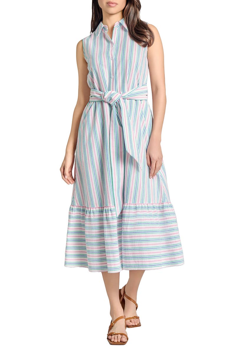 Jones New York Stripe Belted Sleeveless Shirtdress, Main, color, 