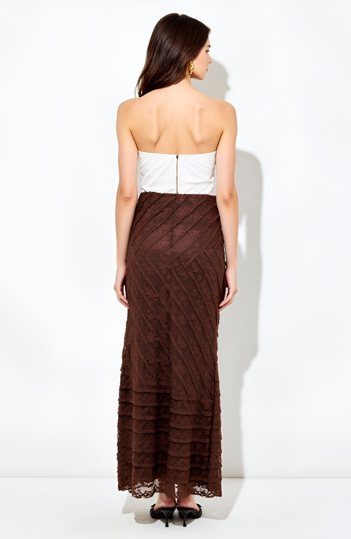 Modenaire Lace Maxi Skirt With Diagonal Panel Detailing And Flared Hem In Brown