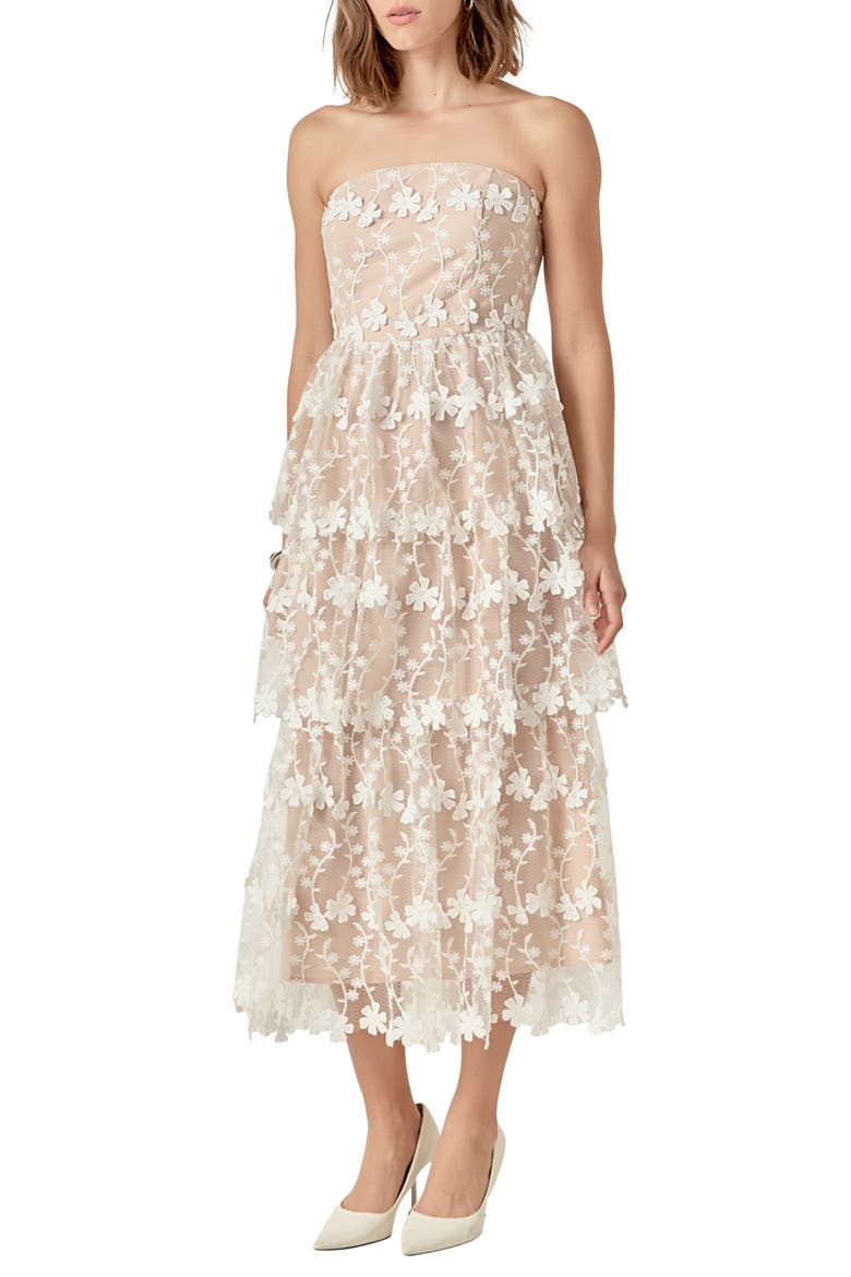 Floral Appliqué Strapless Dress, Alternate, color, WHITE
