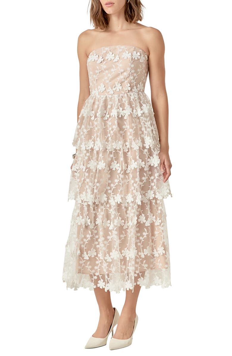 Endless Rose Floral Appliqué Strapless Dress, Alternate, color, White