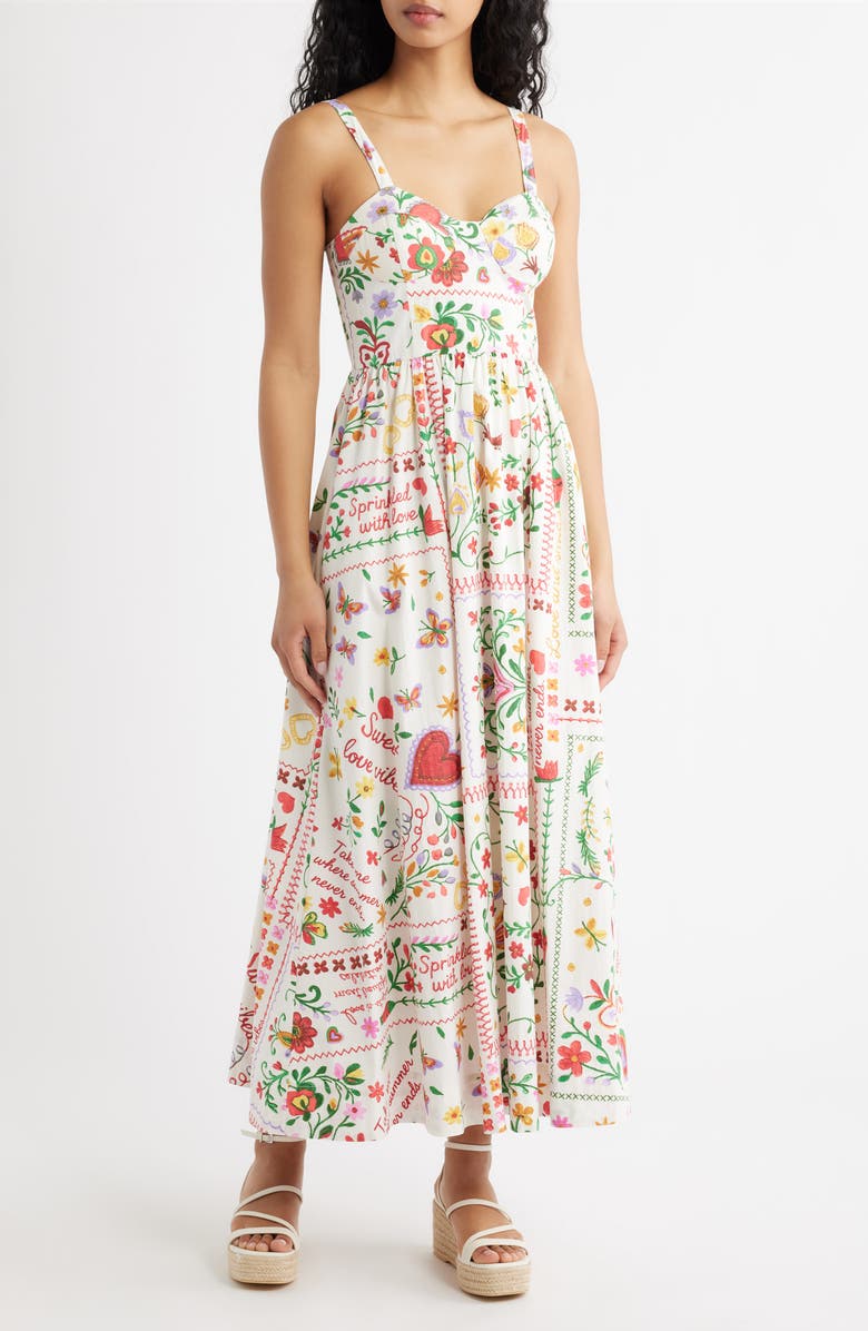 MOON RIVER Floral Cotton Midi Sundress, Main, color, Off White Multi
