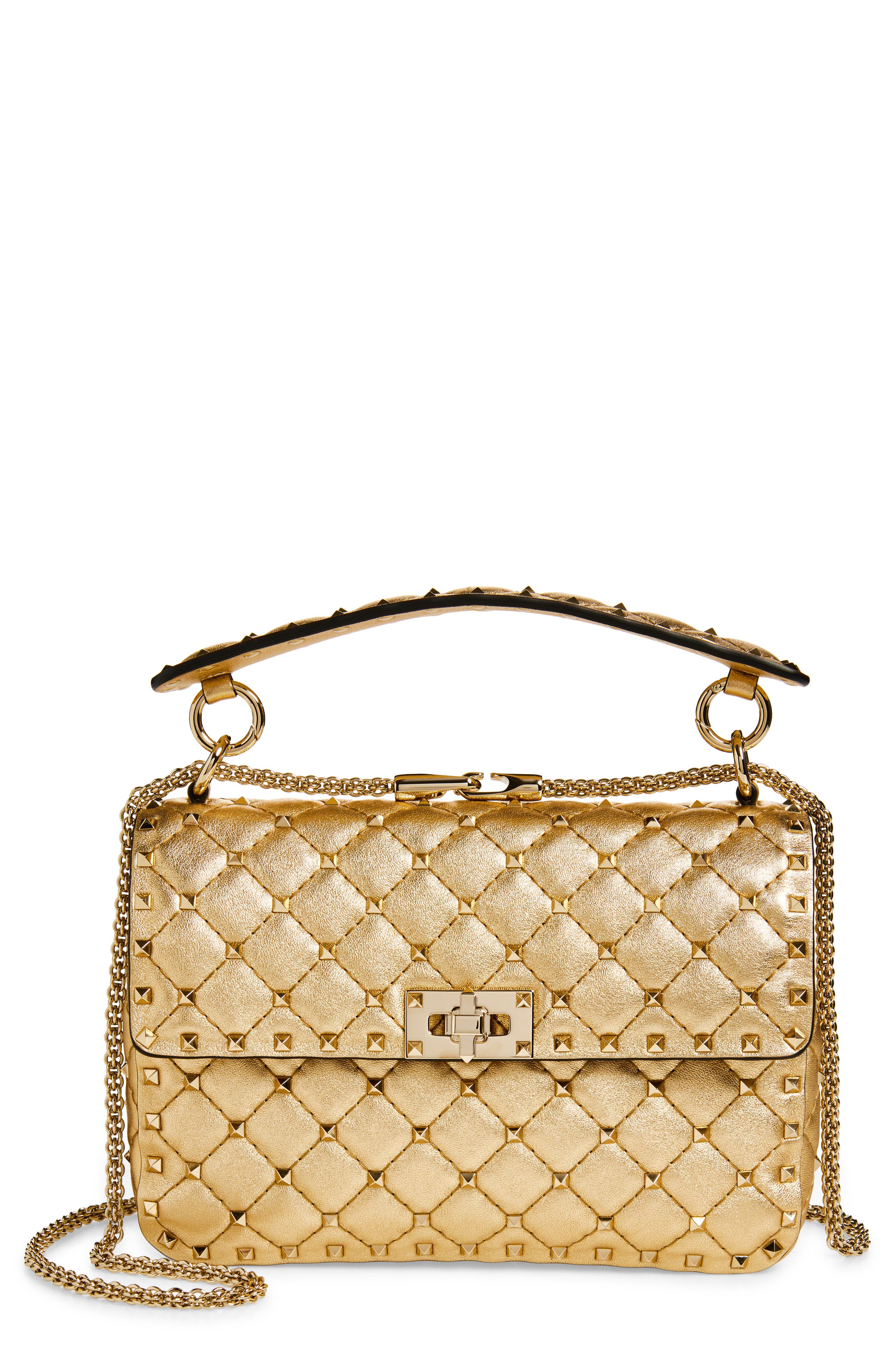 Valentino Garavani Medium Rockstud Spike Quilted Metallic Leather Shoulder Bag, Main, color, Metallic Mekong