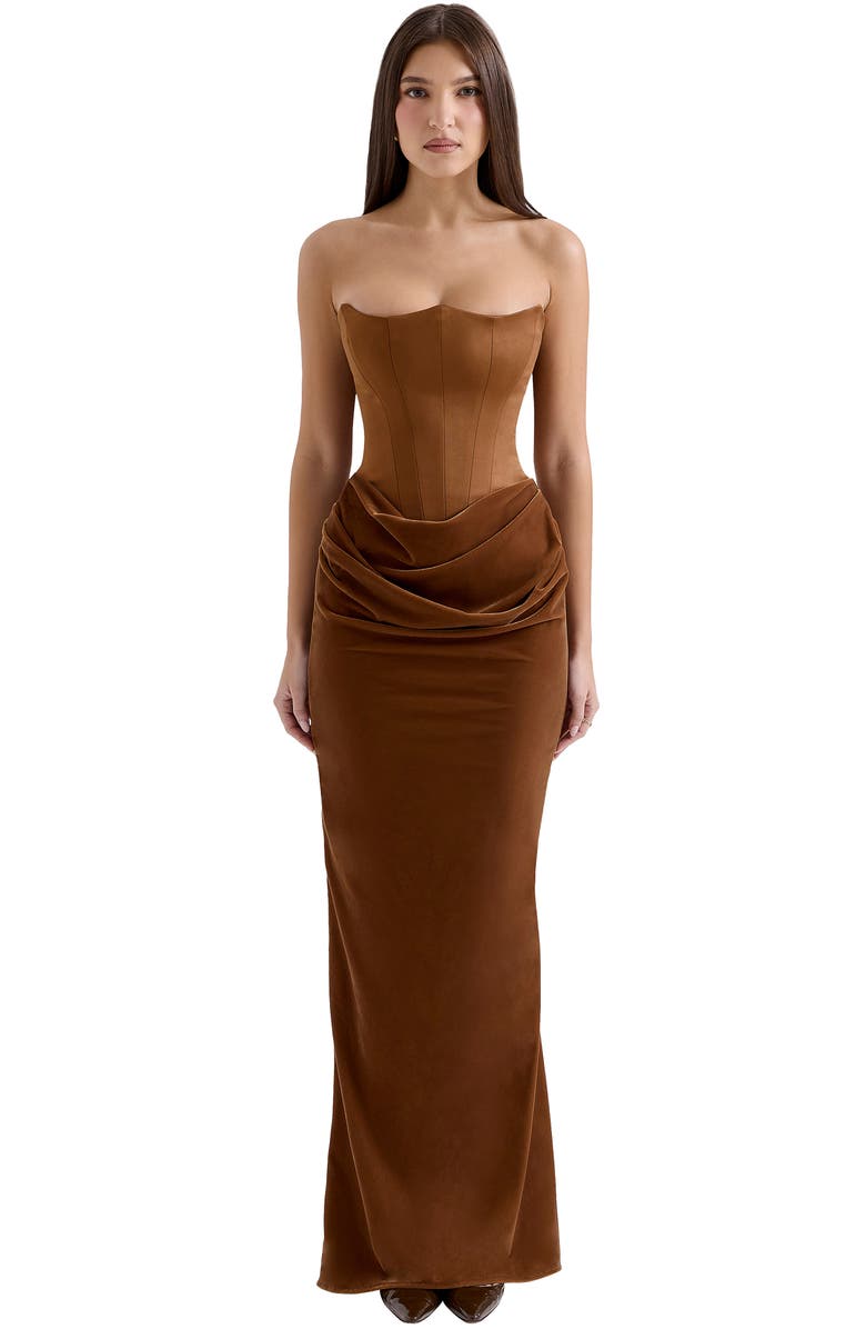 HOUSE OF CB Persephone Strapless Corset Satin & Velvet Gown, Alternate, color, Toffee