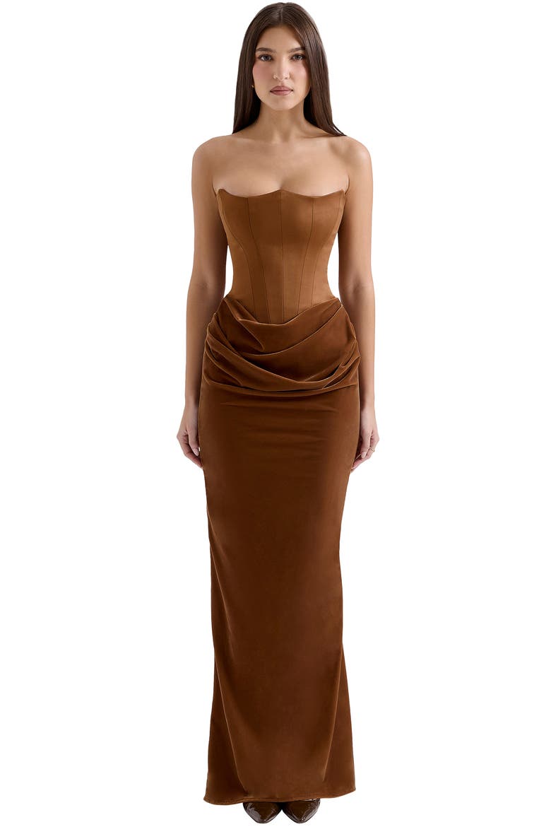 house of cb women's persephone strapless satin corset cocktail dress 'Persephone' Wine Strapless Corset Maxi Dress