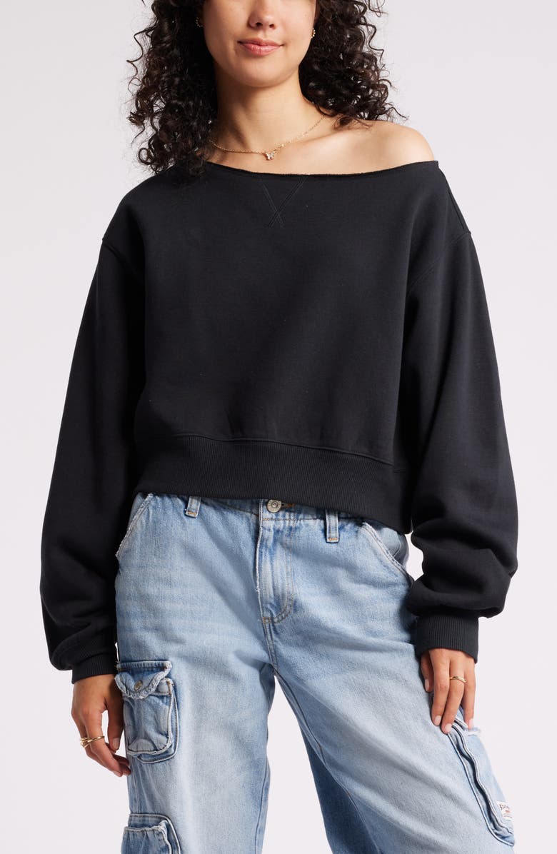 BP. Fleece Detail Off the Shoulder Sweatshirt, Main, color, Black Jet