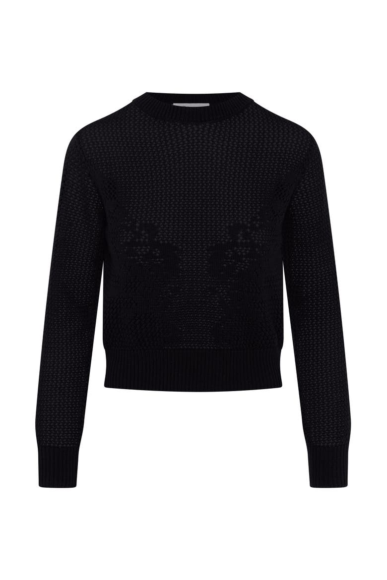 Crochet Design Cropped Ribbed Trim Sweater, Main, color, Black