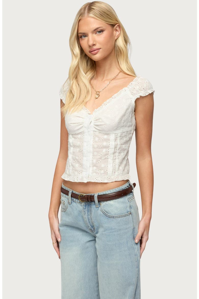 Dolsy Eyelet Button-Up Crop Top, Alternate, color, WHITE