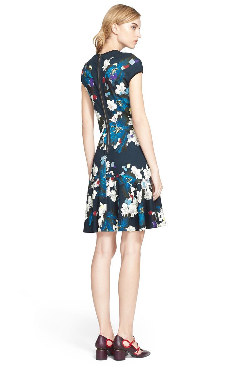 Floral Print Ponte Jersey Cap Sleeve Dress, Alternate, color, INK BLUE/ ECRU