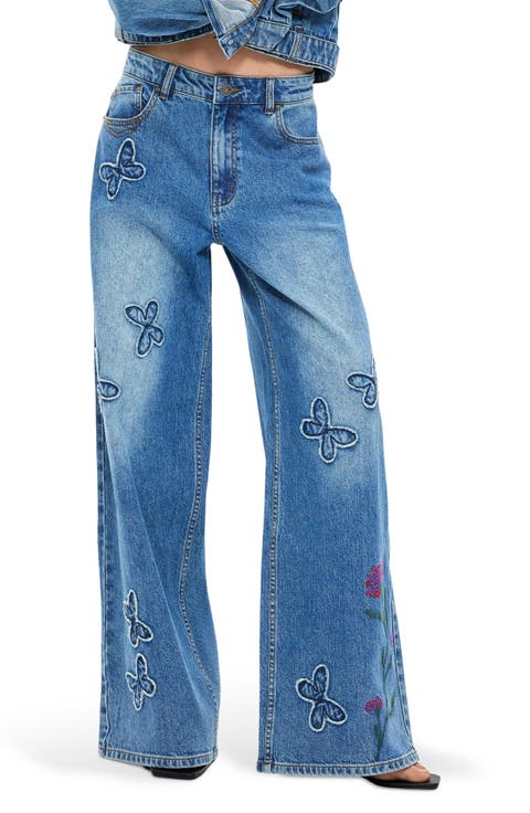 Floral Embroidered Butterfly Appliqué Wide Leg Jeans