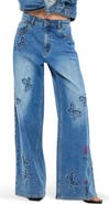 Desigual Floral Embroidered Butterfly Appliqué Wide Leg Jeans