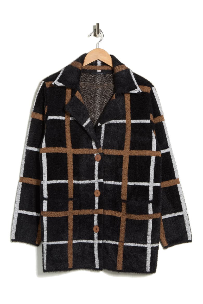 Long Sleeve Plaid Coat, Alternate, color, BLACK/ WHITE/ CAMEL