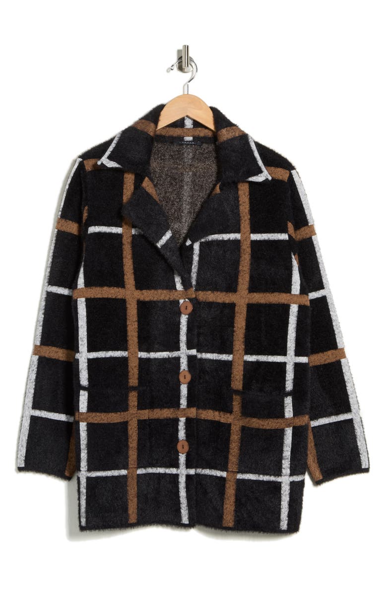 T Tahari Long Sleeve Plaid Coat, Main, color, Black/ White/ Camel