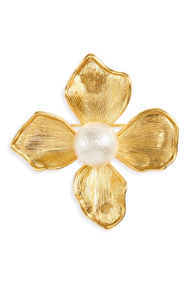Faux Pearl Flower Pin, Main, color, GOLD