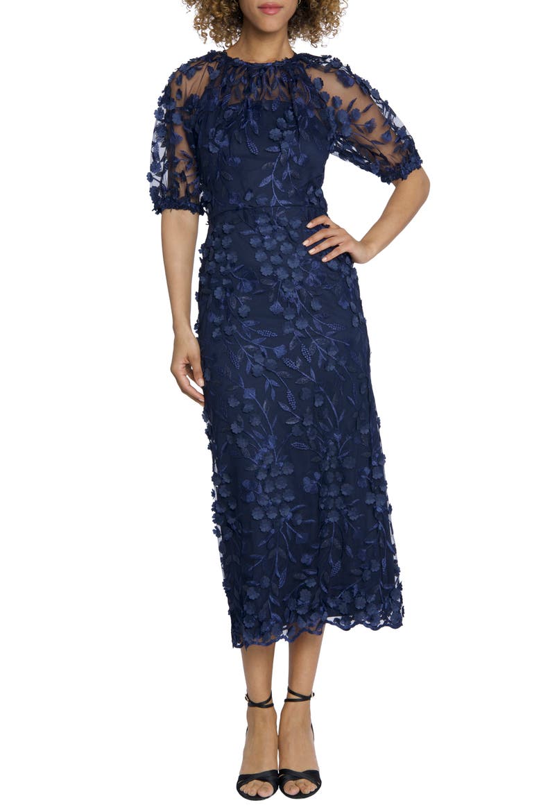 Floral Appliqué Midi Dress, Main, color, NAVY