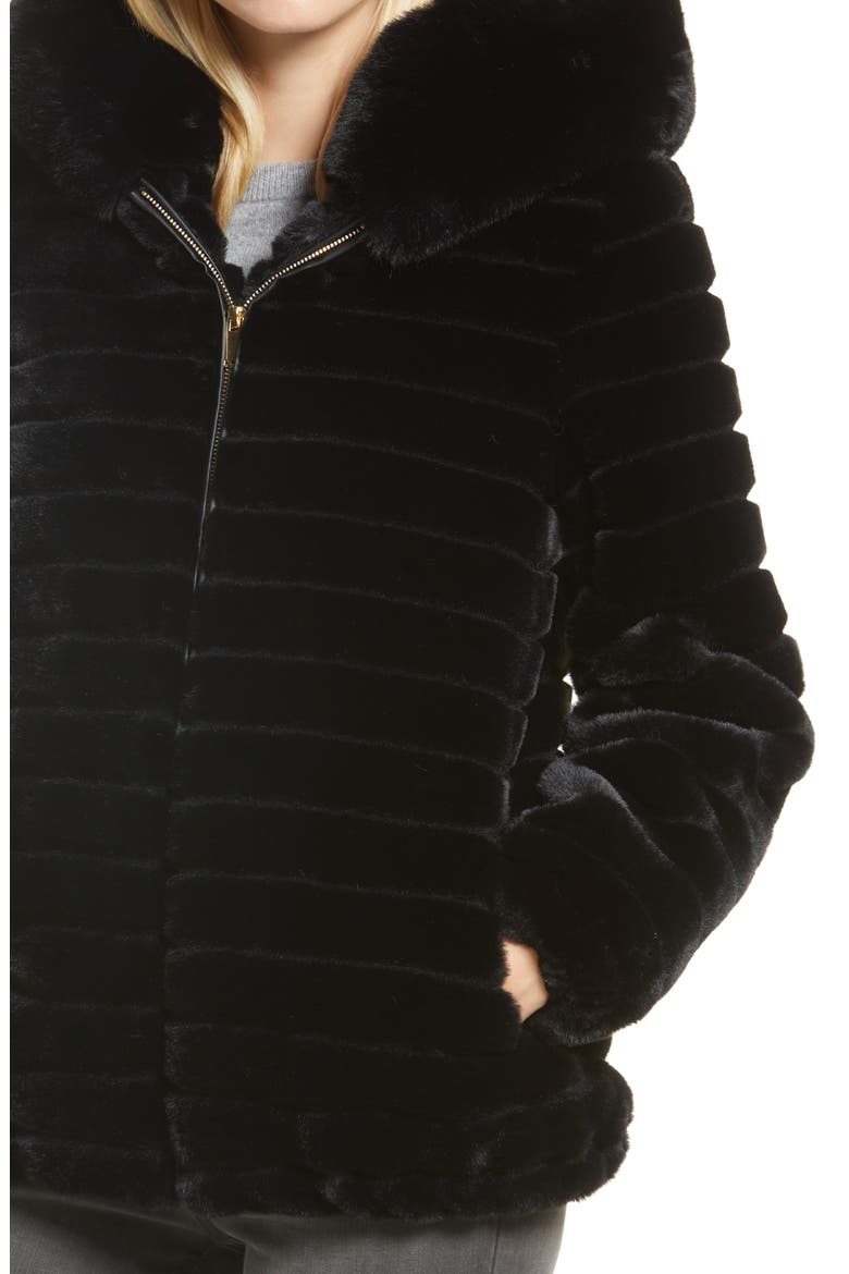 Hooded Faux Fur Jacket, Alternate, color, BLACK