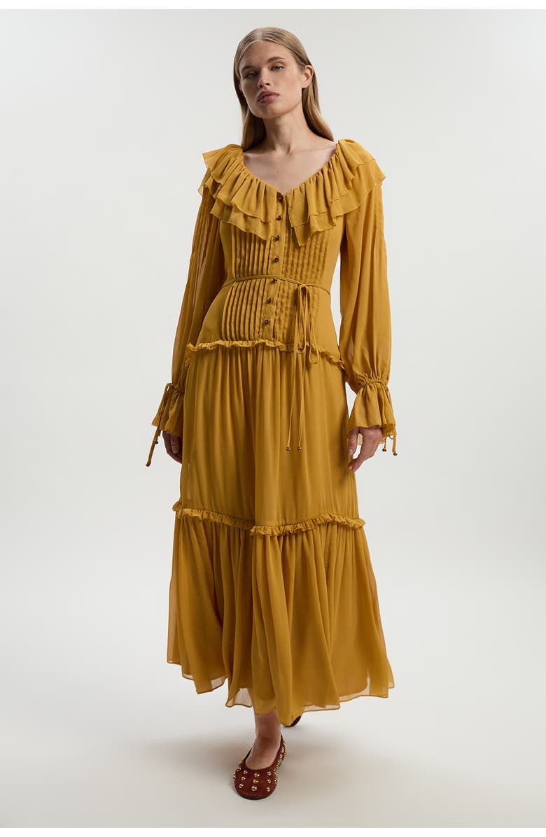 Karen Millen Georgette Ruffle Woven Maxi Dress, Main, color, Ochre