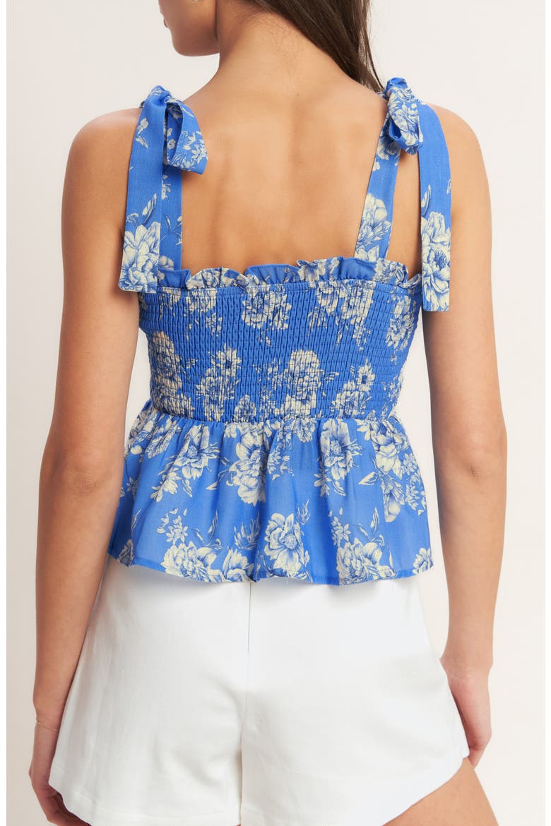 Floral Tie Strap Smocked Peplum Crop Top, Alternate, color, BLUE