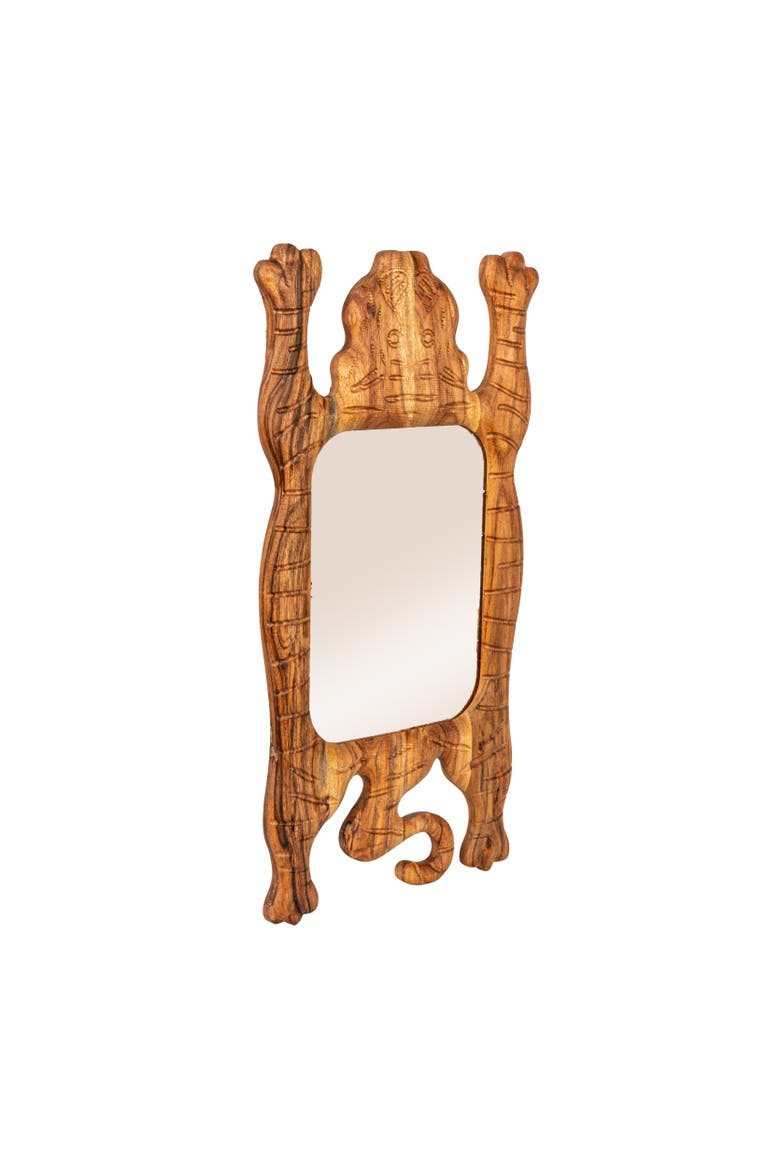 Carved Acacia Wood Framed Tibetan Tiger Shaped Wall Mirror, Natural, Main, color, Natural