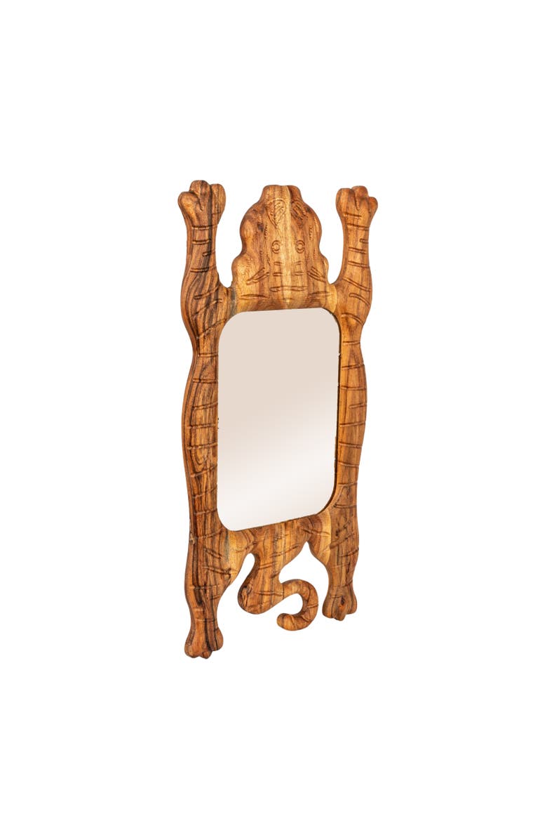 Storied Home Carved Acacia Wood Framed Tibetan Tiger Shaped Wall Mirror, Natural, Main, color, Natural