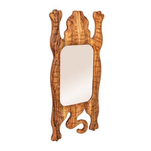 Storied Home Carved Acacia Wood Framed Tibetan Tiger Shaped Wall Mirror, Natural In Brown