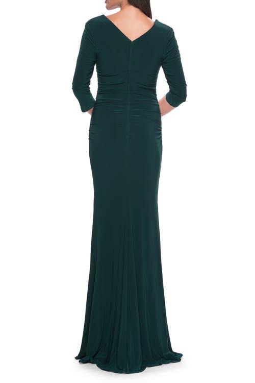 La Femme Long Jersey Evening Dress With Square Neckline And Sleeves In Hunter Green