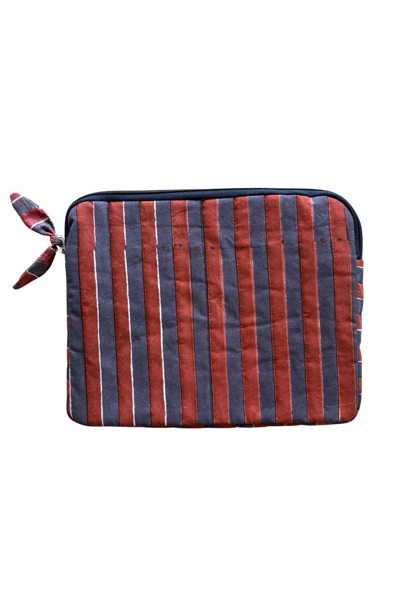 Quilted Cotton iPad Tablet Sleeve with Hand Block Print, Main, color, Red & Blue Stripes