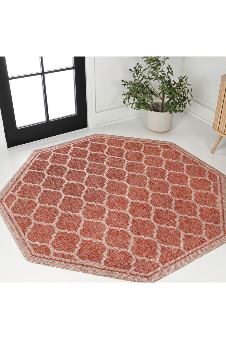 Trebol Moroccan Trellis Textured Weave Octagon Indoor/Outdoor Area Rug, Alternate, color, Red/Beige