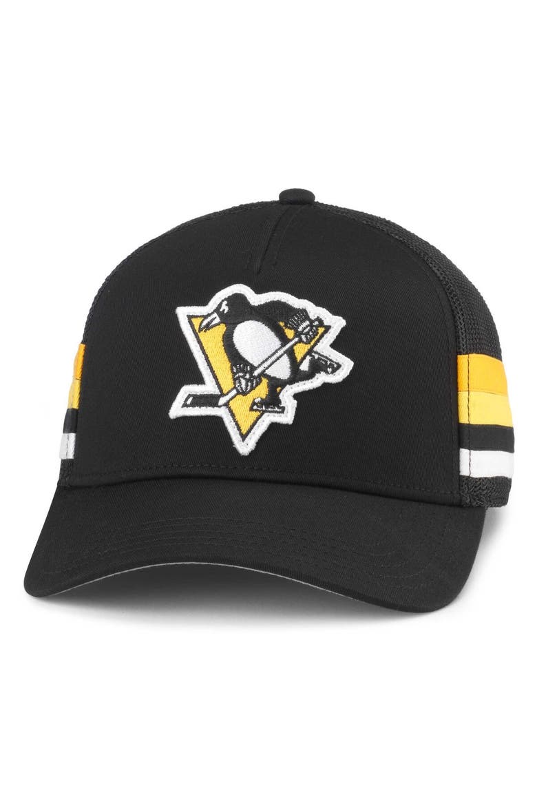 Men's American Needle Black Pittsburgh Penguins HotFoot Stripes Trucker Adjustable Hat, Main, color, Black