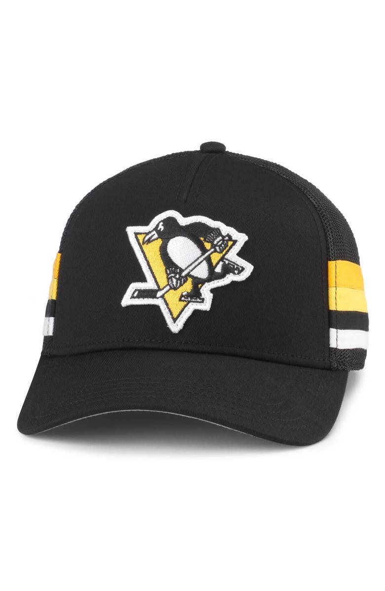 American Needle Men's American Needle Black Pittsburgh Penguins HotFoot Stripes Trucker Adjustable Hat, Main, color, Black