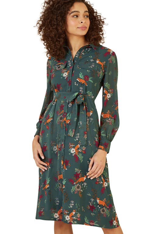 Yumi Fox Print Shirt Midi Dress In Green