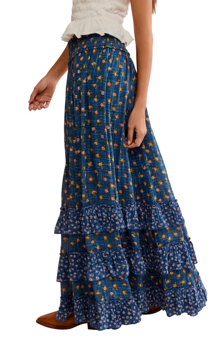 Free People Brynn Mixed Floral Tiered Cotton Blend Maxi Skirt, Alternate, color, Chambray Combo- Dits